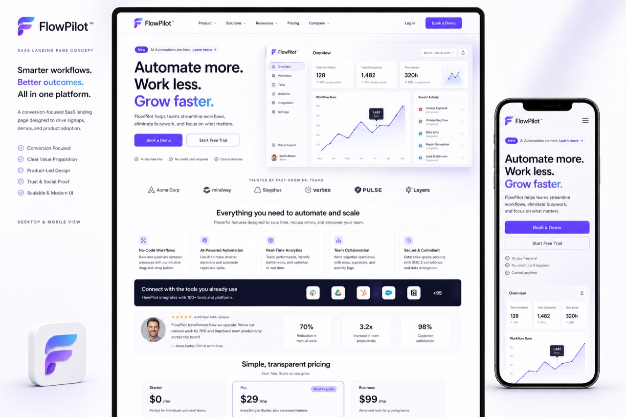 FlowPilot concept website design by Onyxarro