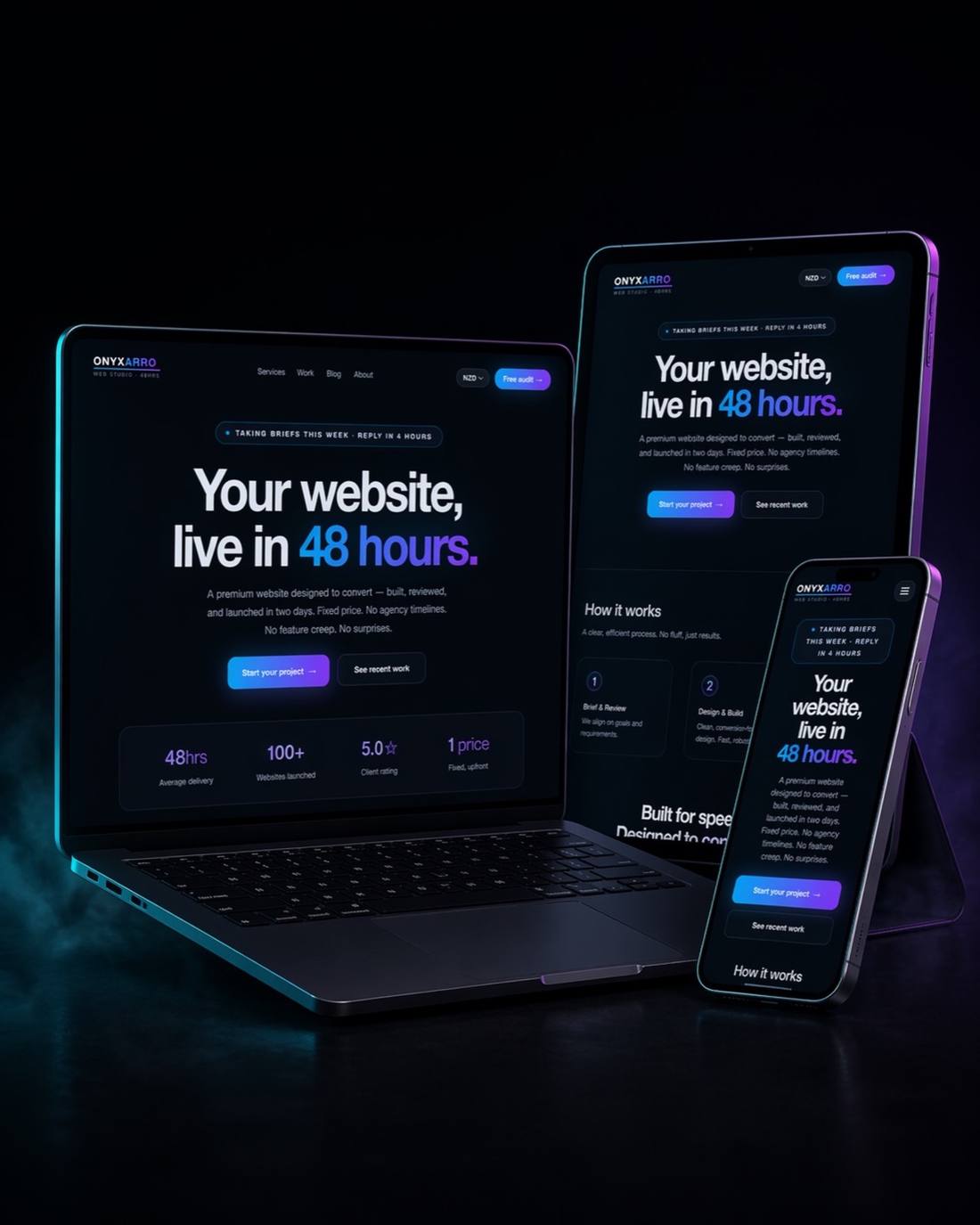 Onyxarro site on laptop, tablet and phone