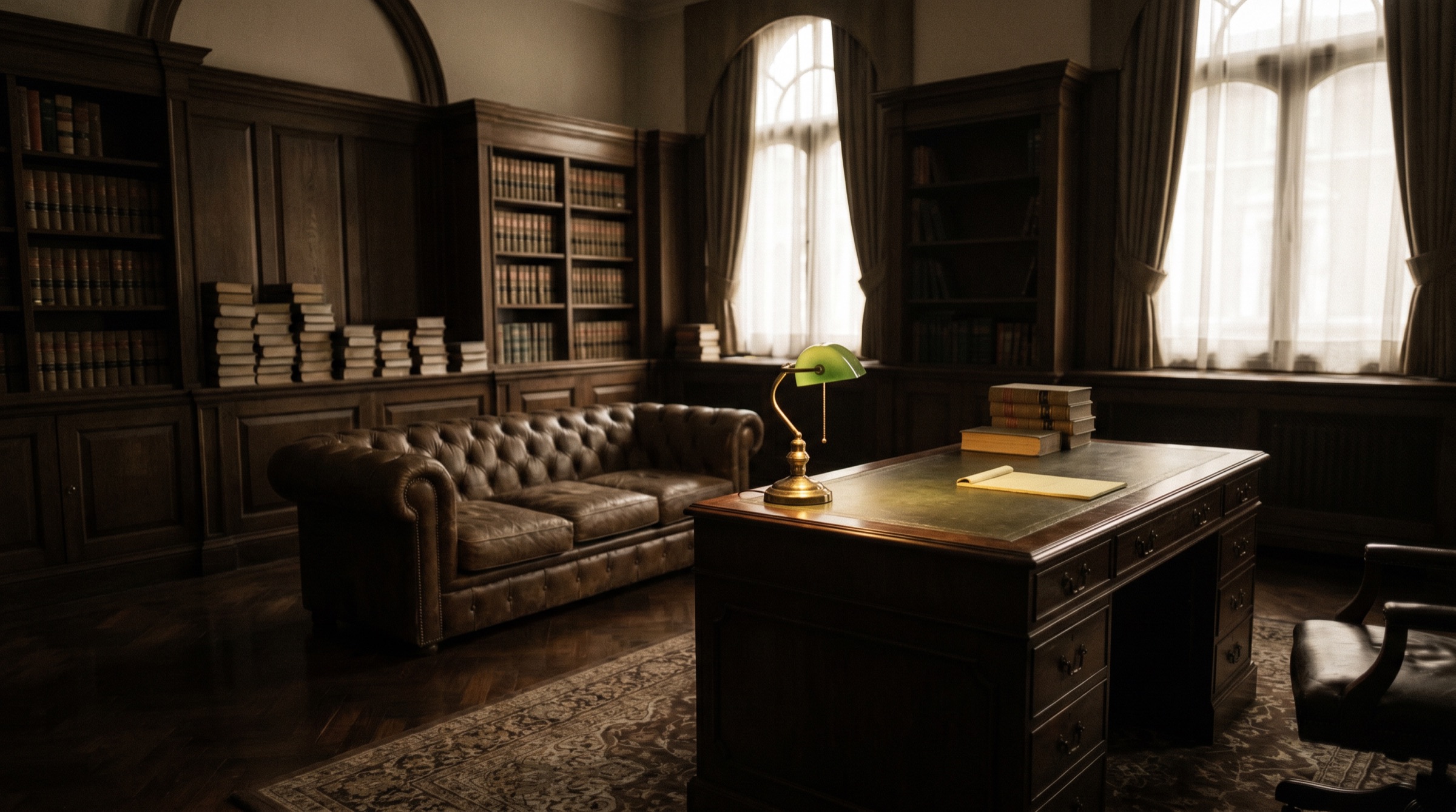 Editorial chambers interior, warm desk-lamp light on a partner desk with leather-bound legal volumes. Sample placeholder photography for a fictional commercial litigation chambers.