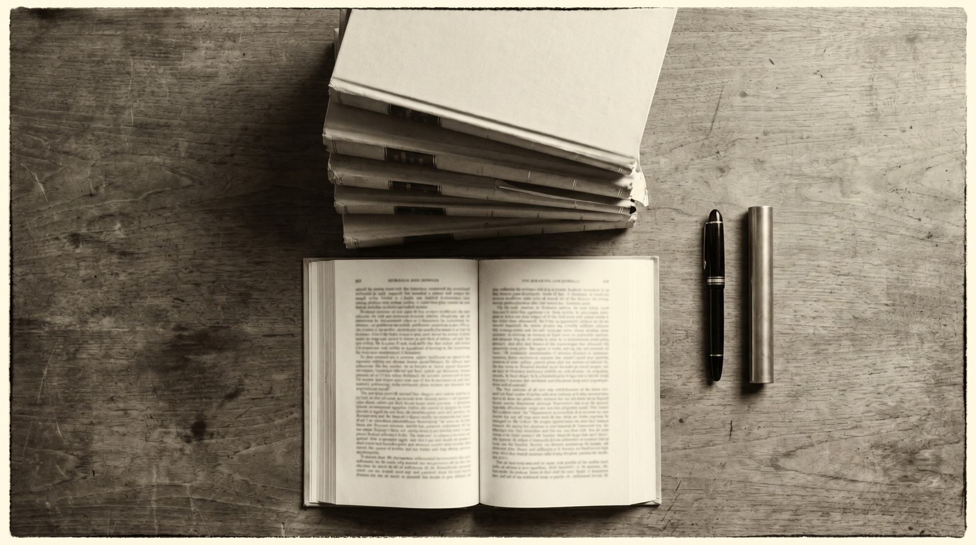 Editorial overhead flat-lay of typeset law journals, an open volume, fountain pen and brass paperweight on an ivory desk. Sample placeholder.
