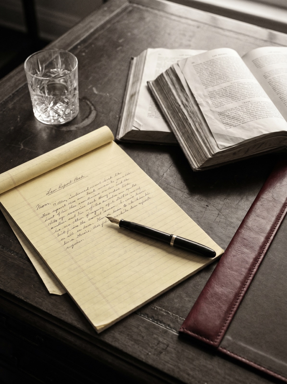 Editorial detail of a partner desk with a yellow legal pad, fountain pen, and two open law reports. Sample placeholder.