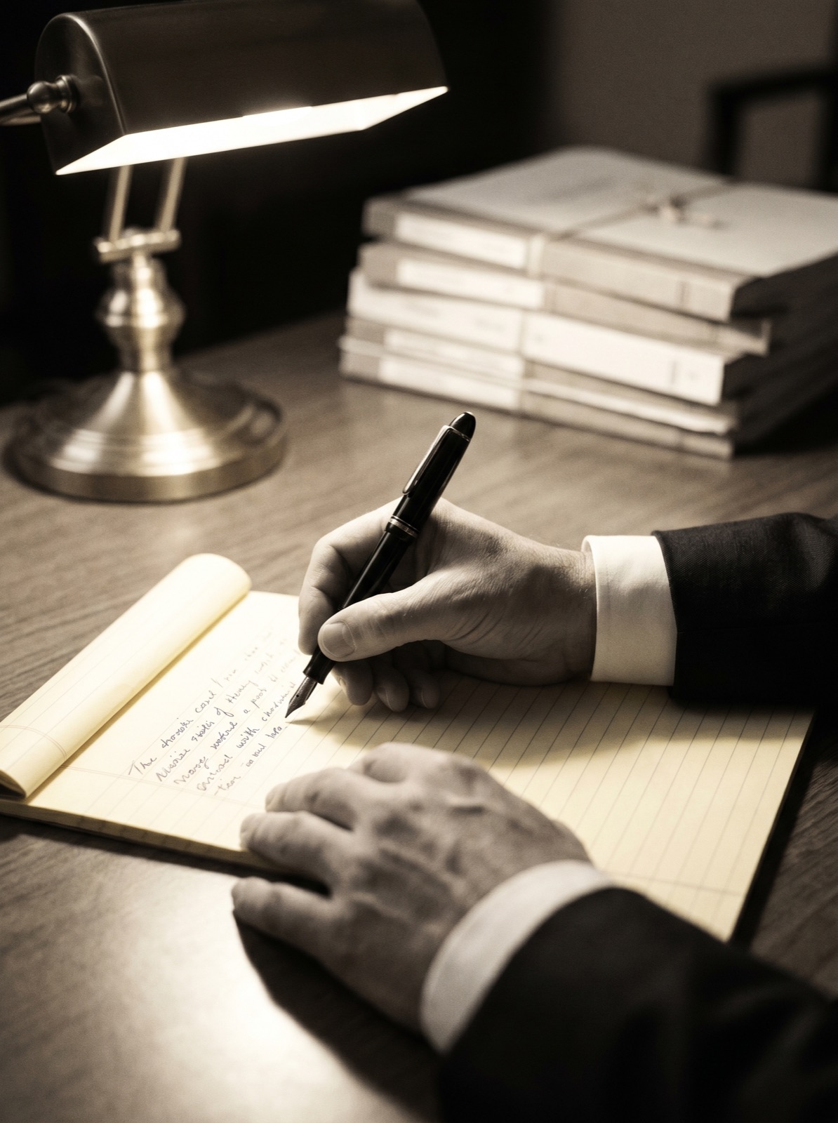Editorial detail of an anonymous senior counsel's hands writing on a legal pad with a fountain pen. Sample placeholder.