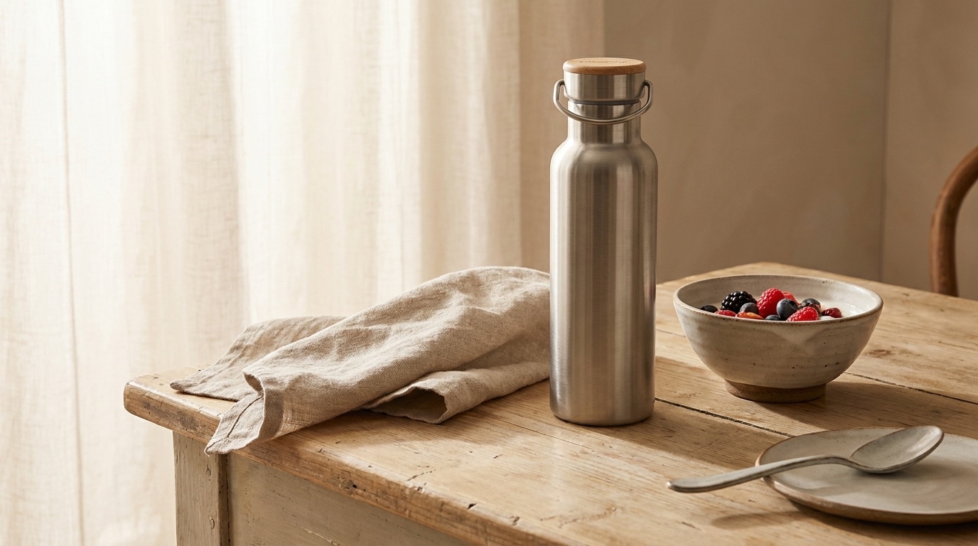 Aurea Bottle Co — lifestyle still of the bottle on a minimalist breakfast table, morning light through a sheer curtain