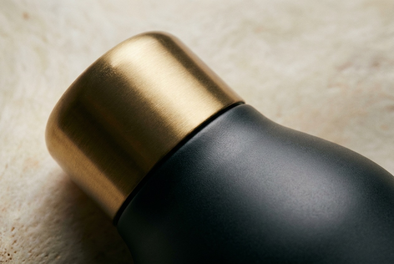 Aurea Bottle Co — macro detail of the bottle's brushed-gold lid and matte-anodised body seam