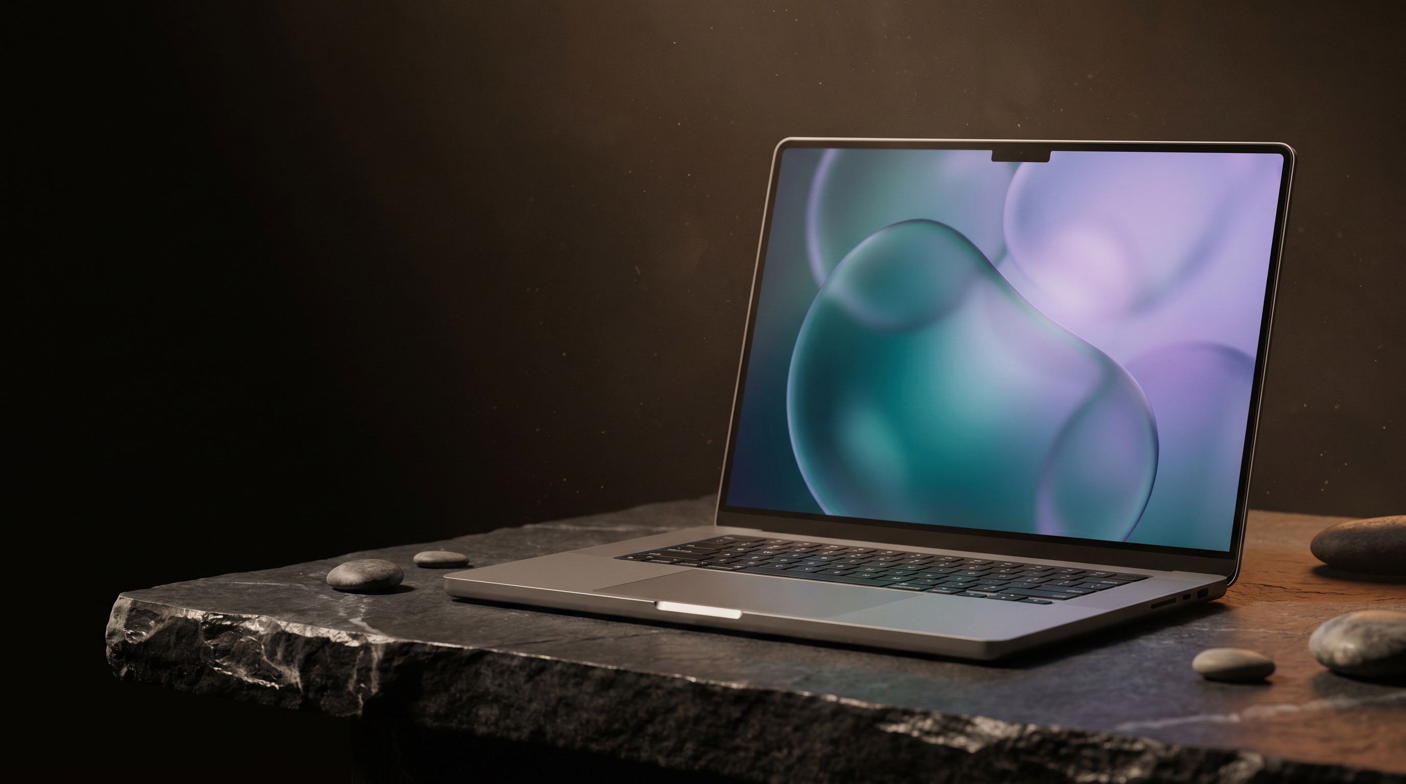 FlowPilot — stylised editorial photograph of a premium MacBook on a dark stone desk, screen glowing with an abstract teal-to-violet gradient panel