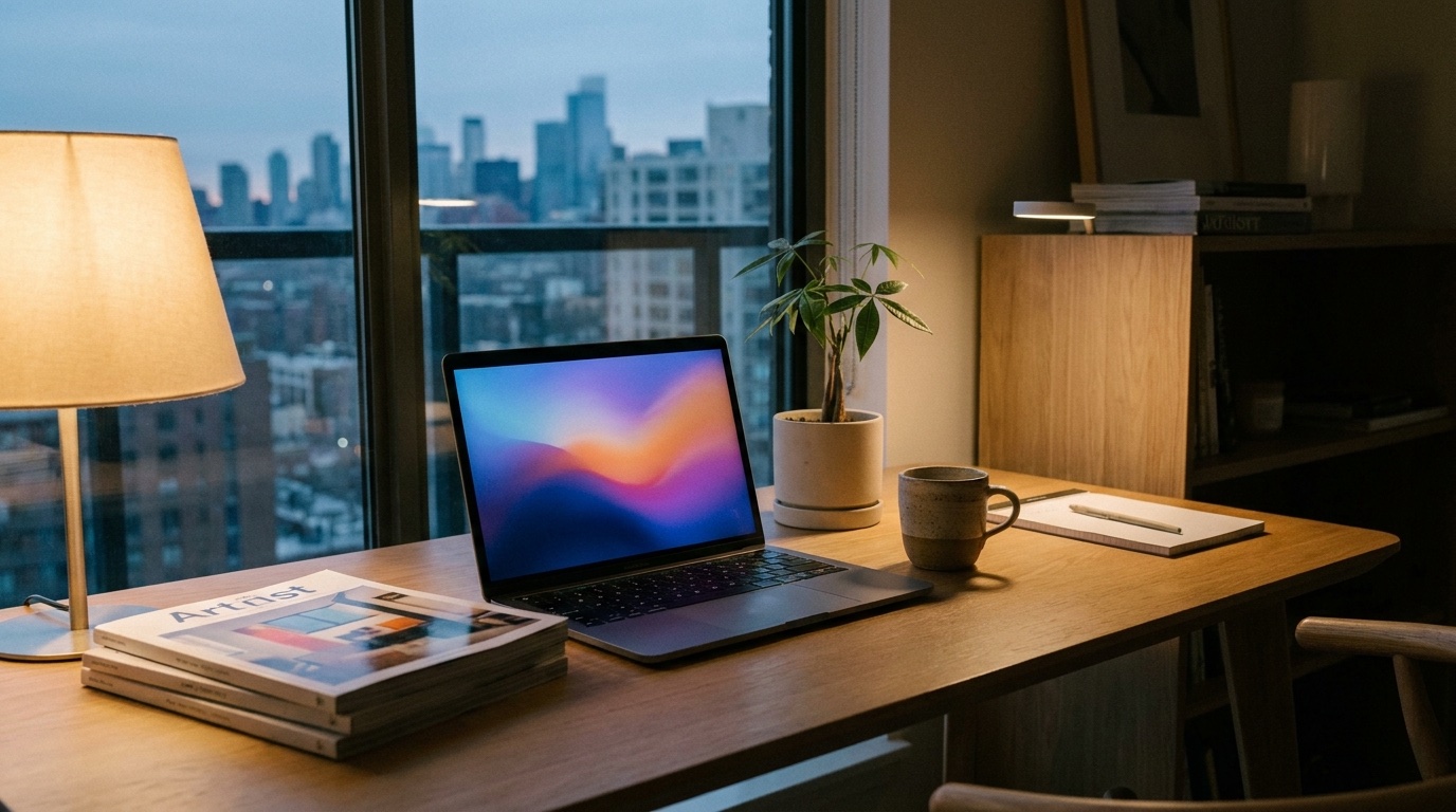 FlowPilot — editorial workspace photograph with open laptop, gradient glow on screen, plant, ceramic coffee cup, warm lamp glow