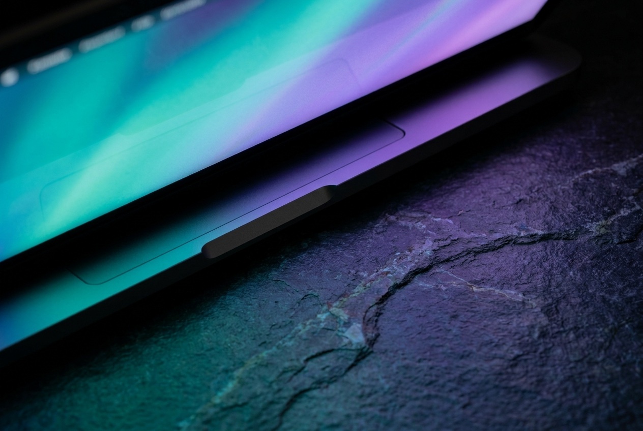 FlowPilot — tight detail of laptop screen edge with abstract teal-violet gradient glow on a dark stone desk