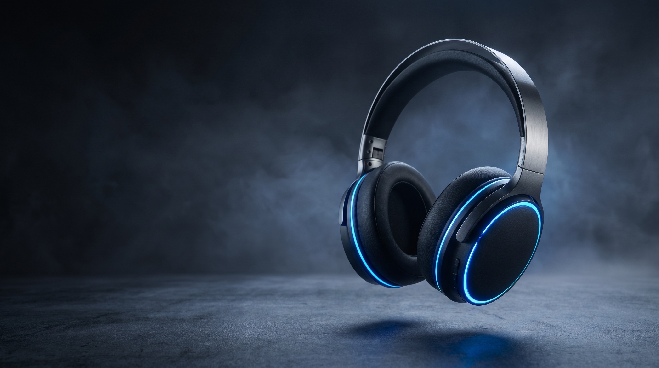 Hāpara Audio — cinematic product photograph of premium over-ear headphones floating above a deep graphite surface with electric-blue rim-lighting