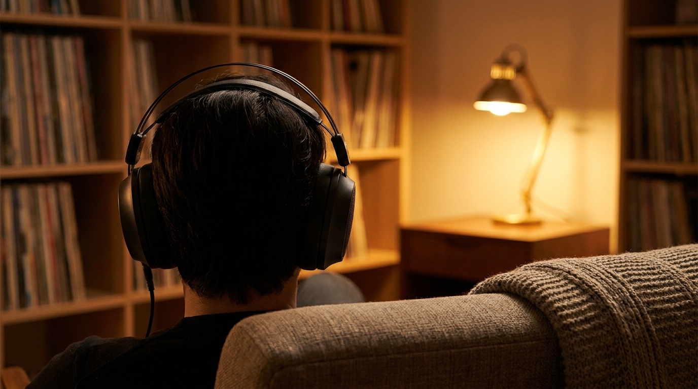 Hāpara Audio — relaxed person from behind wearing the headphones in a quiet listening room with vinyl shelves and a warm lamp