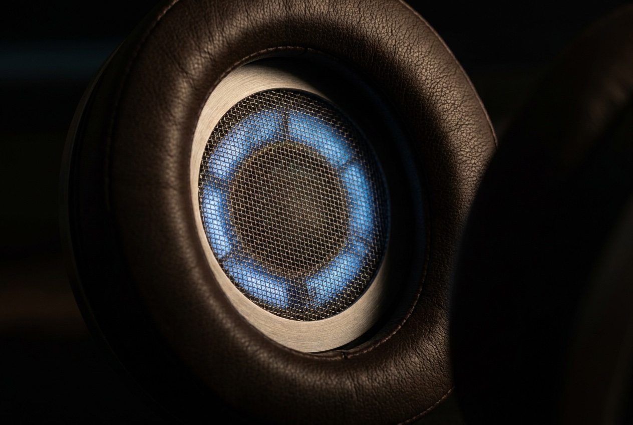 Hāpara Audio — macro detail of a headphone driver and ear-cup interior with leather pad and metal grille