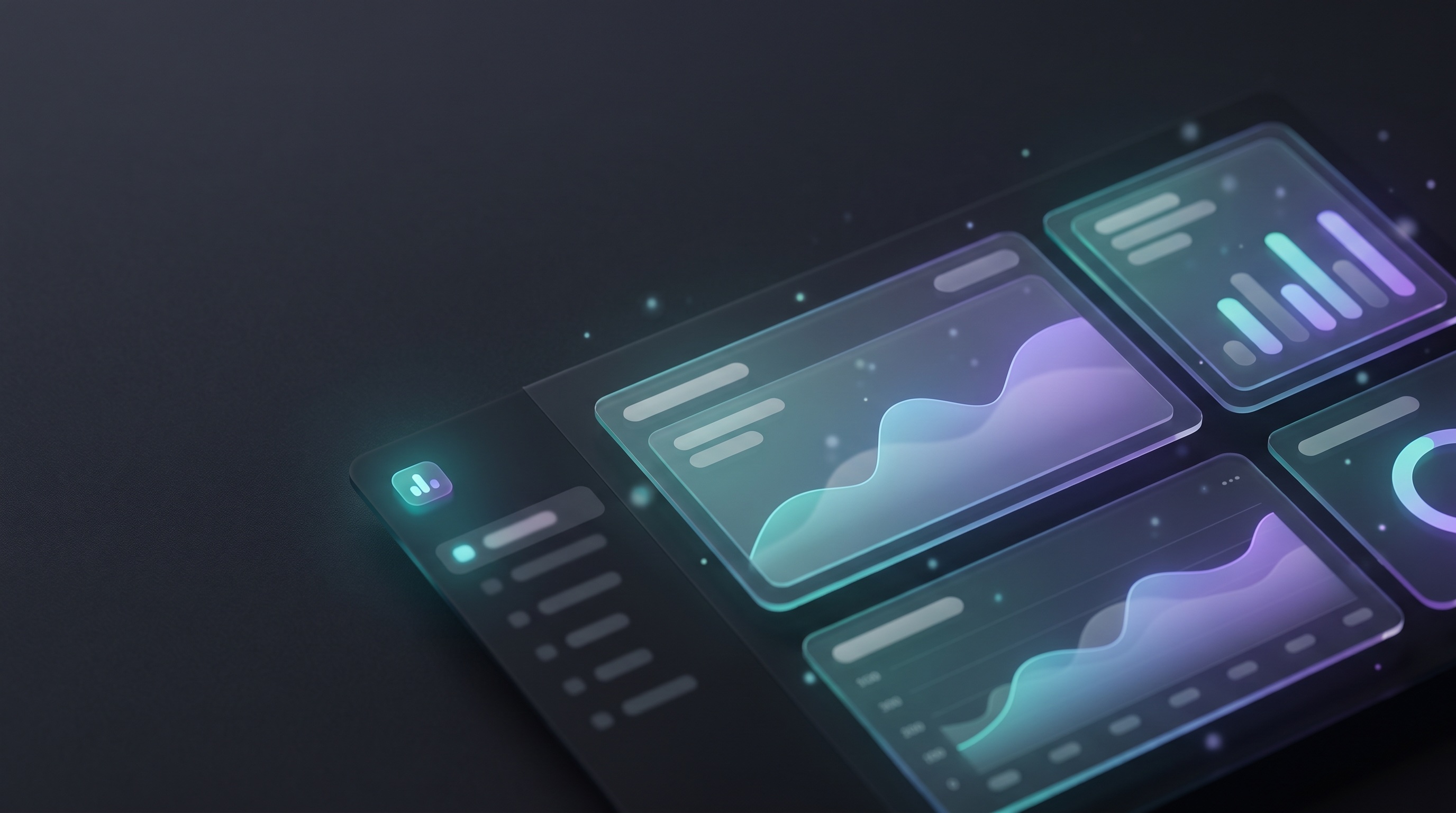 Onyxarro Client Portal — stylised premium dark SaaS dashboard mockup with glass-morphism panels, abstract chart shapes glowing with subtle teal-to-violet gradient