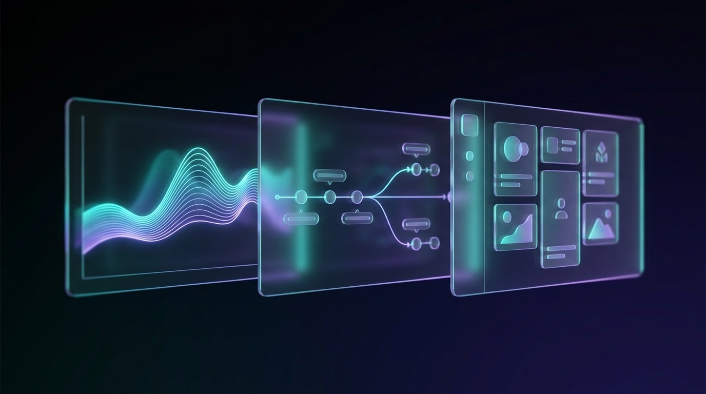 Onyxarro Client Portal — three stylised abstract glass UI panels arranged in a row on a deep dark gradient background, suggesting charts, timelines, and card grids