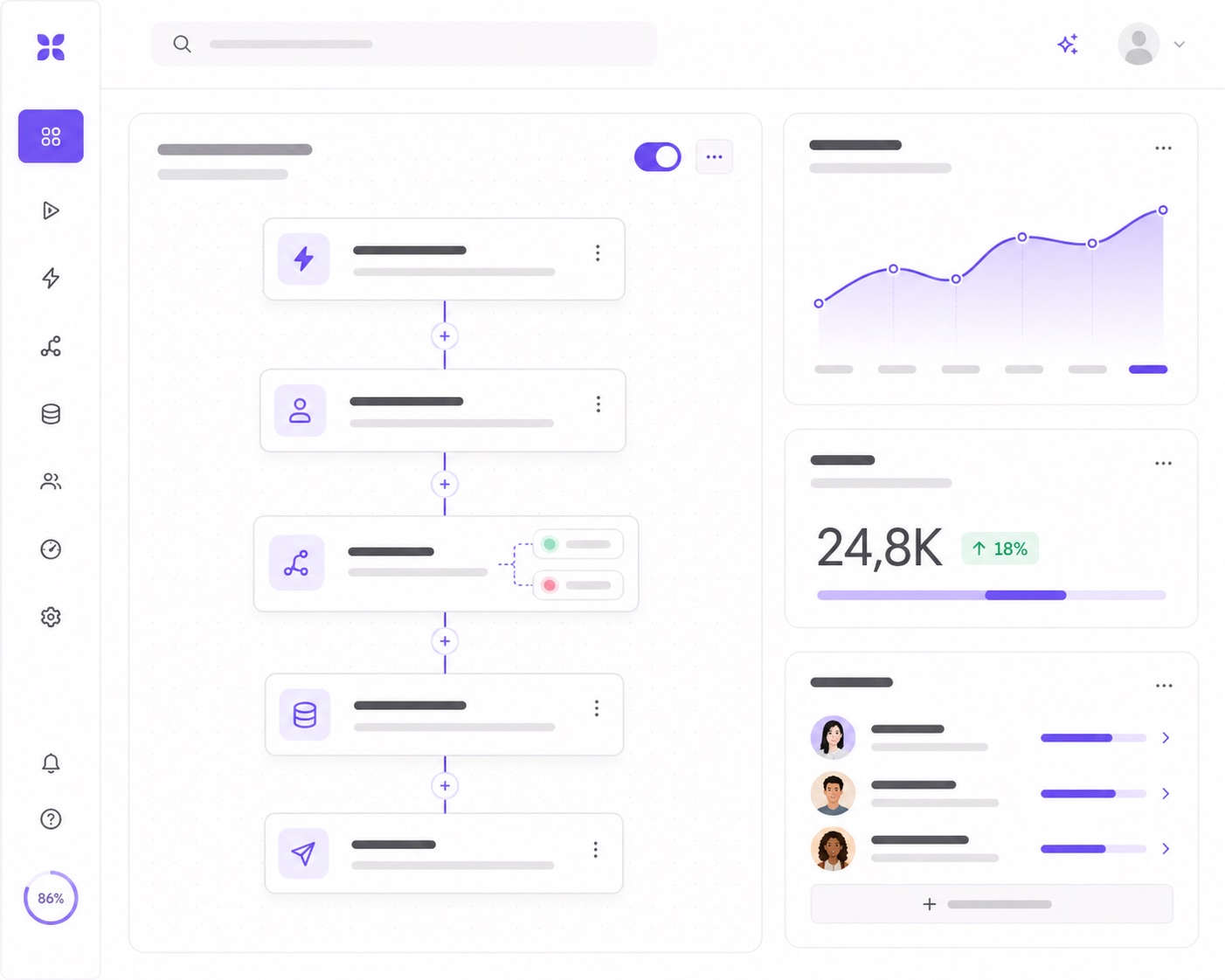 Concept visual: FlowPilot dashboard showing workflow overview, task counts and analytics chart